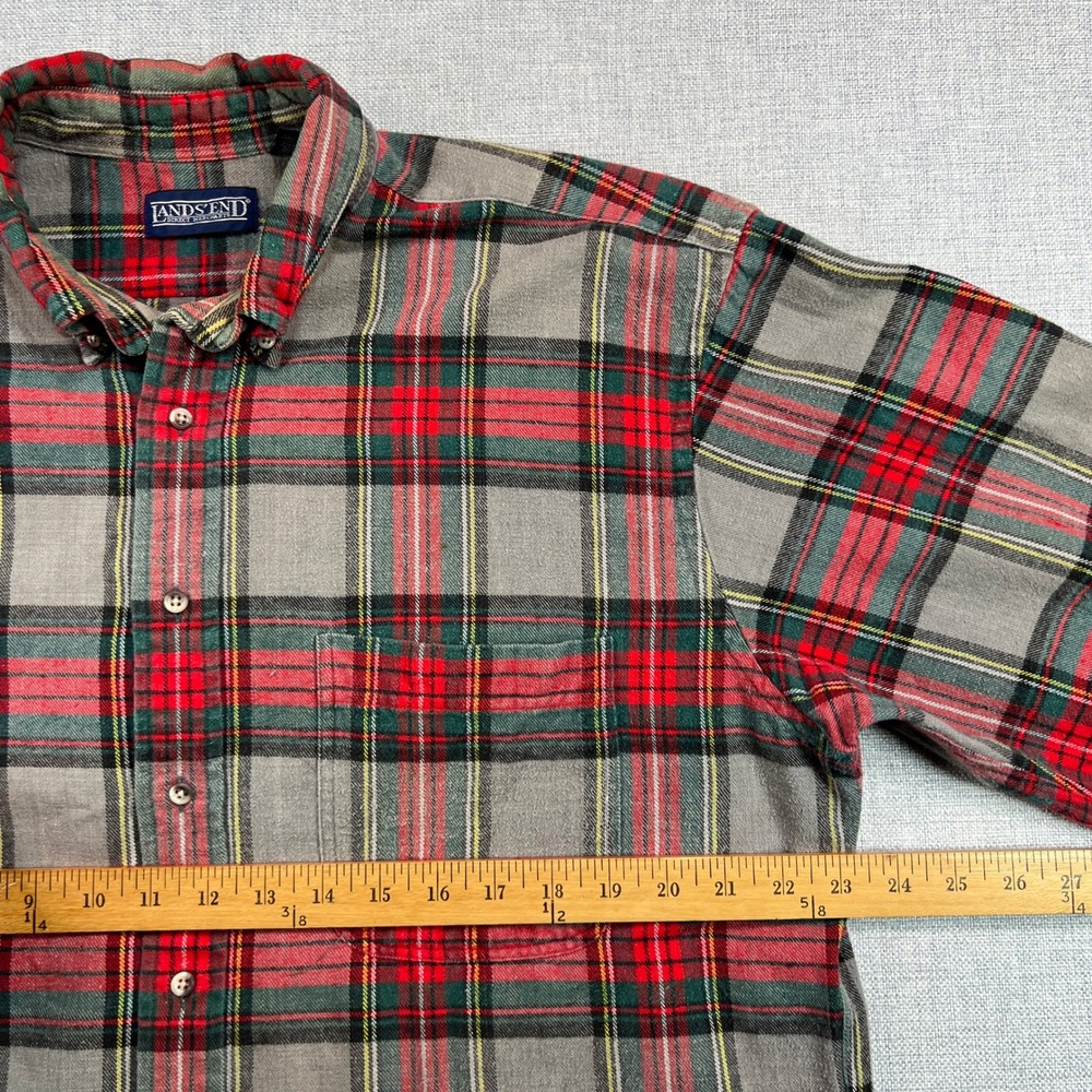 VTG 90s‎ Lands End Plaid Flannel Shirt Men Large Tall Gray Red Cotton Hong Kong - Picture 6 of 9